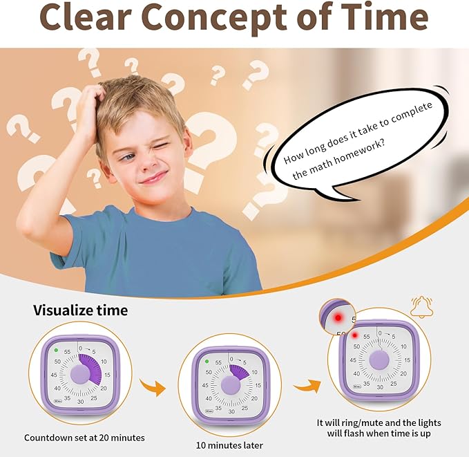 ADHD Timer, Pomodoro Timers for Kids Adults, 60-Minute Countdown Desk Timer for Productivity, Silent ADHD Tools for Kids Toddlers, Kitchen for Cooking (Purple)