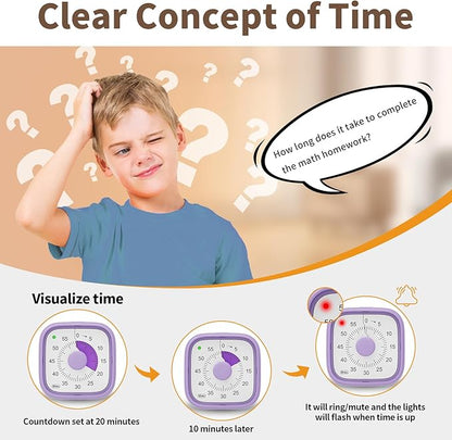 ADHD Timer, Pomodoro Timers for Kids Adults, 60-Minute Countdown Desk Timer for Productivity, Silent ADHD Tools for Kids Toddlers, Kitchen for Cooking (Purple)