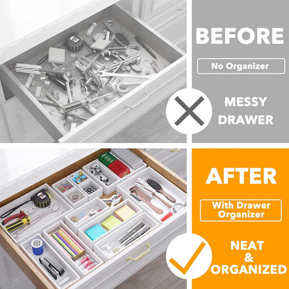 SpaceAid 14-Piece Bamboo Drawer Organizer Storage Boxes Set, Wood Tray Junk Drawer Organizers Multi-Use Divider Bins for Kitchen, Bathroom, Office Desk and Makeup Organization (14 Pack, White)