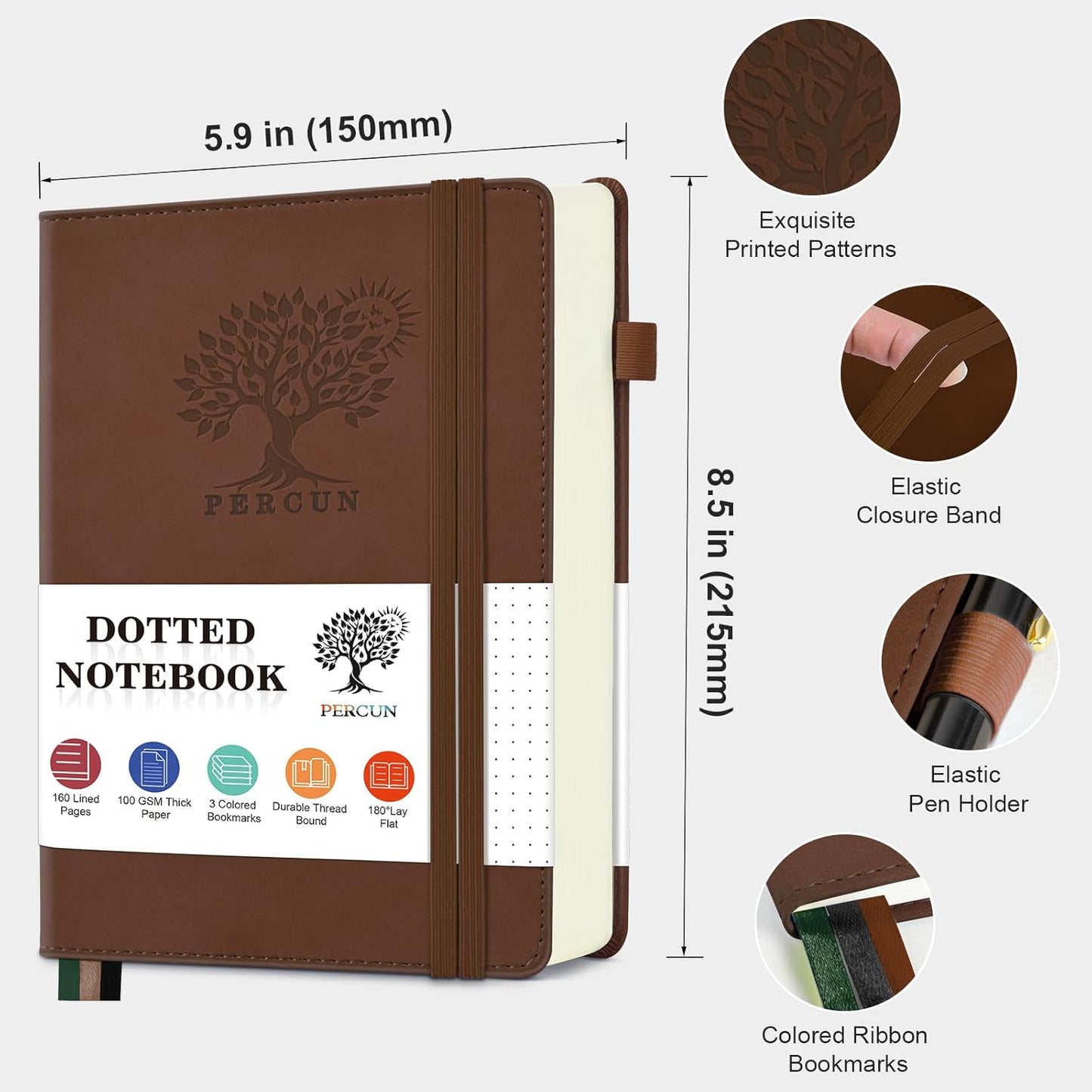 Dotted Journal Notebook for Men & Women, 160 Pages Dot Grid notebook for Note Taking, Bullet Journaling Notebook for Work, School, Travel, Writing, A5 Hardcover 5.9" x 8.5"(Brown)