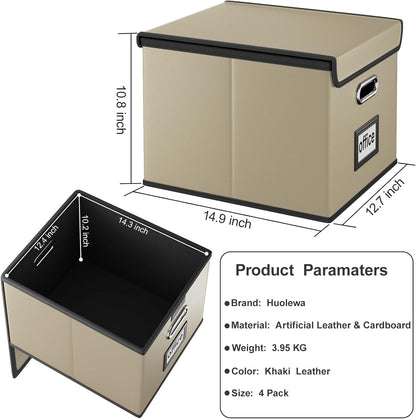 Huolewa Portable Leather File Organizer Boxes with Lids, Office Document Boxes Organizer, Filing Boxes, Decorative Small File Boxes for Hanging Files with Plastic Slide for Office/Decor/Home