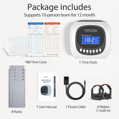 Time Clock with Passcode, Auto-Align Time Card Machine, 6 Punches per Day Time Clock Punch Machine with 100 Time Cards, 2 Ink Ribbons and 4 Racks(White, Military Time)