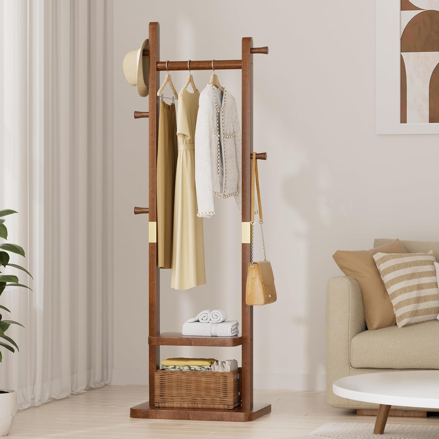 Solid Wood Coat Rack, Coat Rack Freestanding with 2 Shelves and 5 Hooks, Heavy Duty Coat Tree for Entryway，Living room，Coat Hanger Stand for Hats, Bags (Walnut Brown)