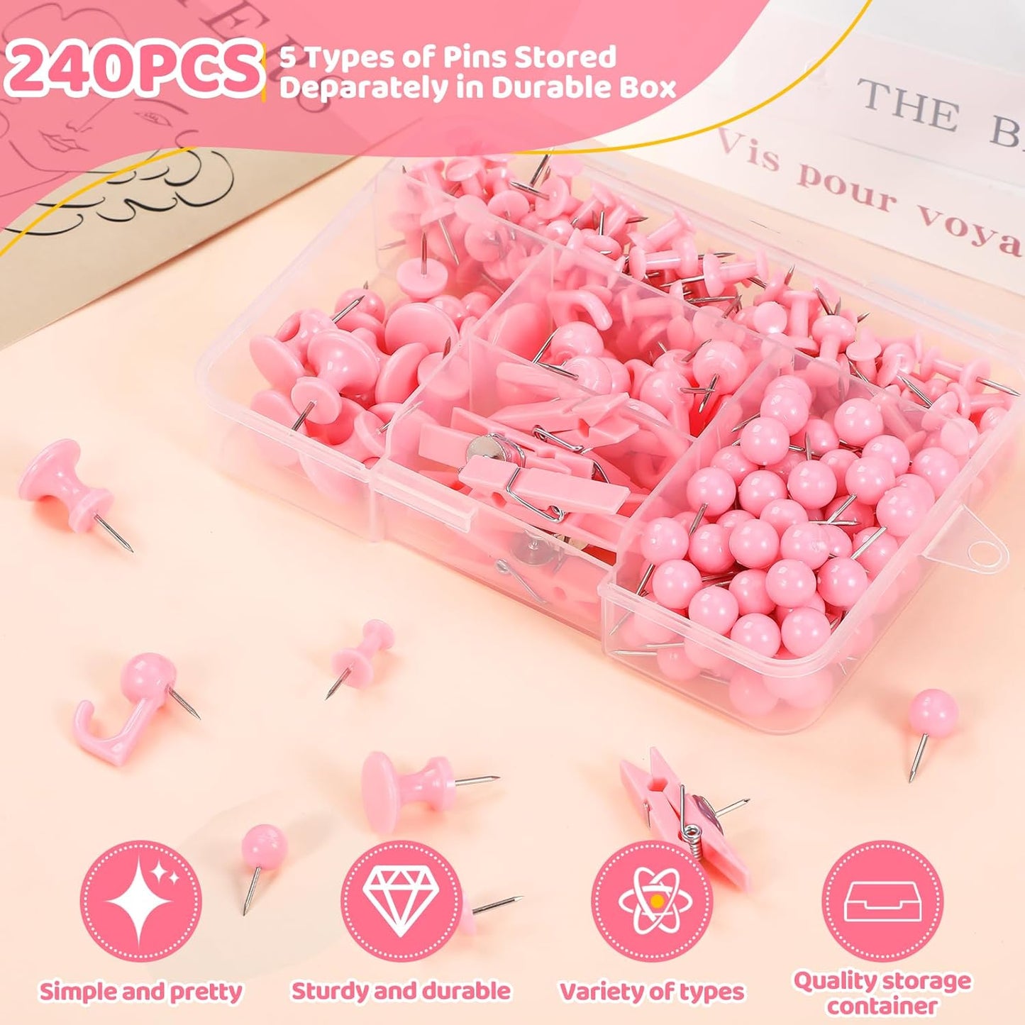 240Pcs Pink Thumb Tacks,5 Style Cute Push Pins, Decorative Push Pins for Bulletin Boards, Cork Board, Pink Office Supplies, Office Decor