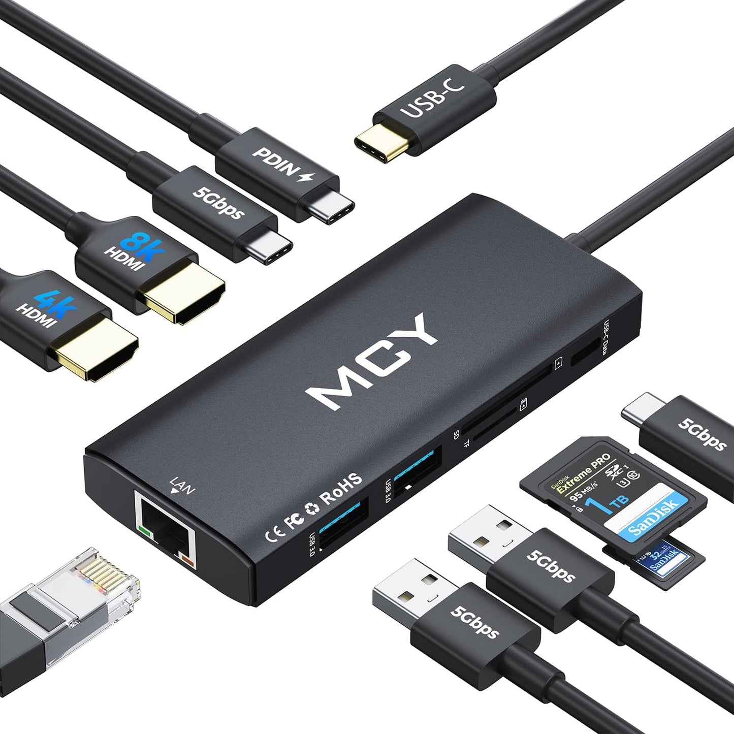 MCY USB C Hub,Laptop Docking Station Dual Monitor Single 8K,2x4K@60Hz,10 in 1 Type-C Multiport Adapter with 2 HDMI,PD100W,Extender Splitter,Card Reader,Ethernet Dock for Mac/Dell/HP/Surface/Steam Deck