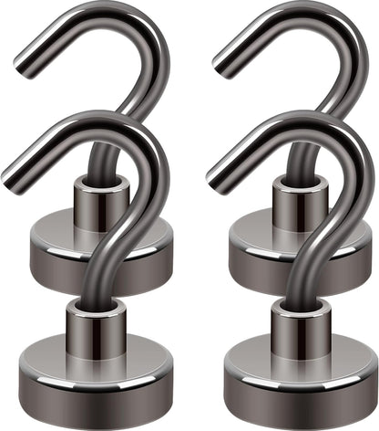 Neosmuk Magnetic Hooks,30lb Heavy Duty Earth Magnets with Hook for Refrigerator, Extra Strong Cruise Hook for Hanging, Magnetic Hanger for Cabins, Grill (Gunblack, Pack of 4)