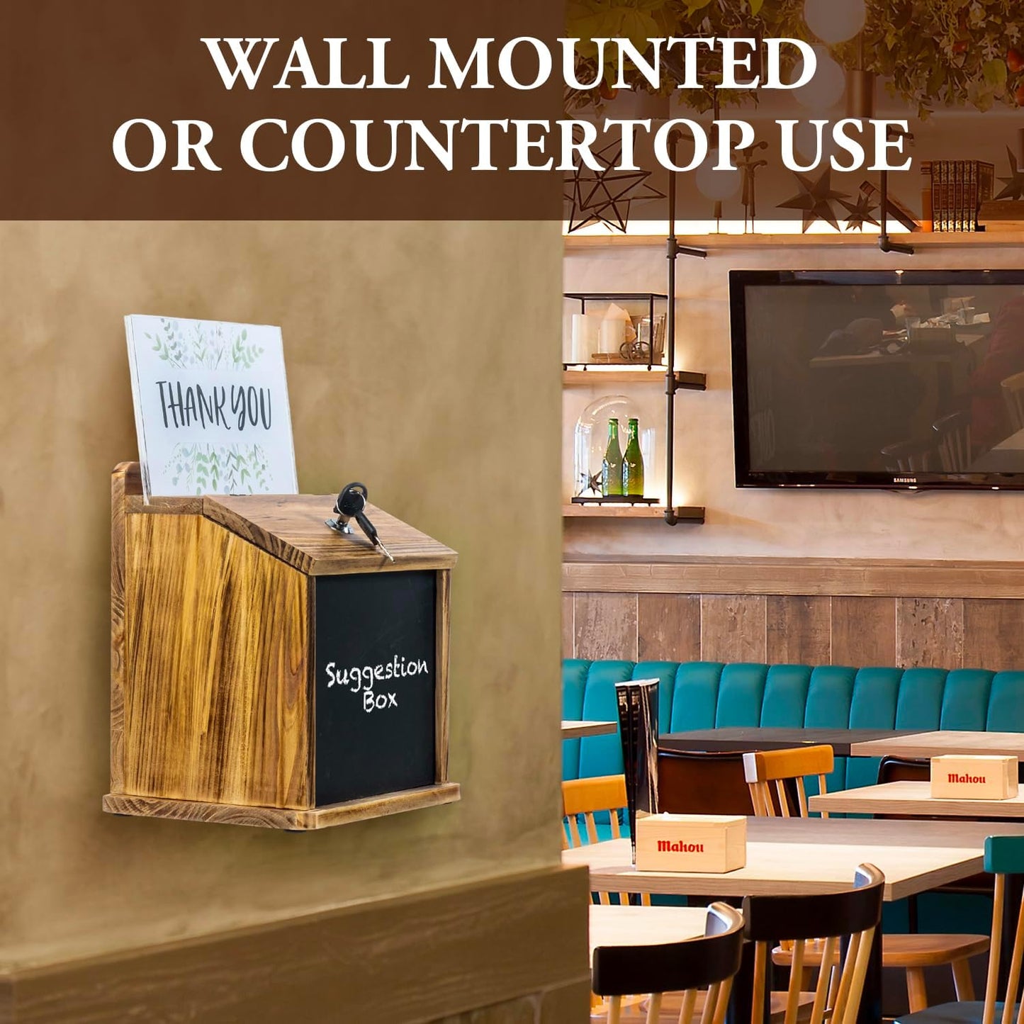 MyGift Rustic Burnt Wood Wall Mountable Fundraising Donation Suggestion Box / Comment Ballot Box with Lock and Key, Clear Acrylic Sign Holder and Chalkboard Surface