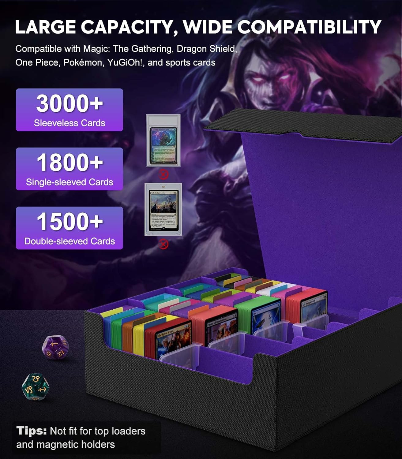 MoKo Trading Card Storage Box, 3000+ MTG Deck Box with 24 Colorful Dividers & 4 Card Supporters, Commander Card Deck Case Fits for Magic Game Cards, YugiOh, TCG, PTG and Sport Cards, Black Purple