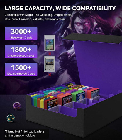 MoKo Trading Card Storage Box, 3000+ MTG Deck Box with 24 Colorful Dividers & 4 Card Supporters, Commander Card Deck Case Fits for Magic Game Cards, YugiOh, TCG, PTG and Sport Cards, Black Purple