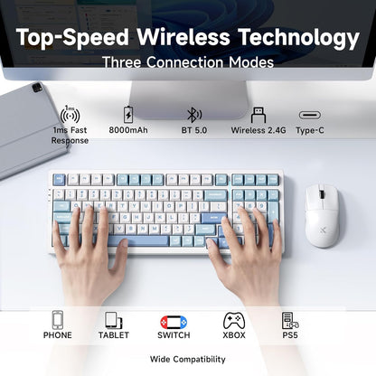 G98 PRO Wireless Gaming Keyboard, Tri-Mode Connection Mechanical Keyboard, Hot Swappable Custom Gasket Structure, Pre-lubed Linear Switches, Double Shot PBT Keycaps, RGB LED Backlit, Blue&White