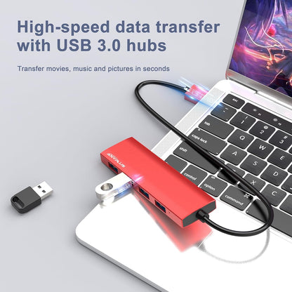 USB Hub, USB 3.0 Hub Aluminum Alloy Ultra Slim USB Splitter, Portable 4 Port USB Extender, USB Hub for Laptop, PC, MacBook, iMac, Surface Pro, Mac Pro, Flash Drive, XPS 【Red】