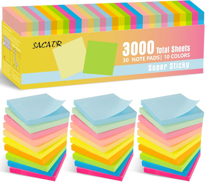 SACATR 30 Pads Sticky Notes, Sticky Note Pads 3x3 inches, 10 Bright Color Sticky Notes,Self-Stick Note Pads, Perfect for Office Home School(100 Sheet/Pad)
