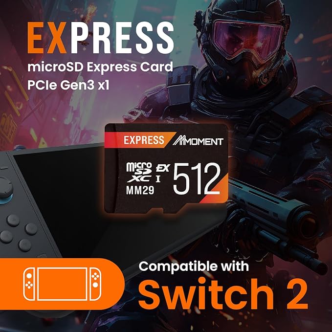 MMOMENT 512GB Micro SD Express Card for Nintendo Switch 2, PCIe Gen3x1, MM29 Model, Up to 880MB/s Read and 650MB/s Write Speed, Black/Orange, Water Resistant Gaming Memory Card