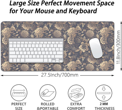 Vintage Roses and Peonies Desk Pad Mouse Pad,Dark Floral Mouse Mat with Stitched Edges,Non-Slip Rubber Base Black Mousepad for Office PC Keyboard Laptop and Home Work Desk Mat(27.5X11.8 in)