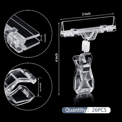 Mlici Sign Clip Holder for Display, 26 Pieces Merchandise Clothing Rack Signs for Retail, Clip on Clear Sign Holder for Label, Basket, Business Cards