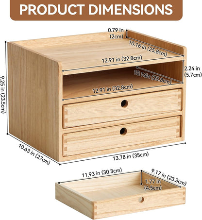 KIRIGEN Desktop Organizer with 2 Drawers and Tray - Wood Office Desk Storage Shelf for Office Supplies - Small Cabinet for Countertop Accessories Storage 3 Layer Natural（DT3D2C-NA）