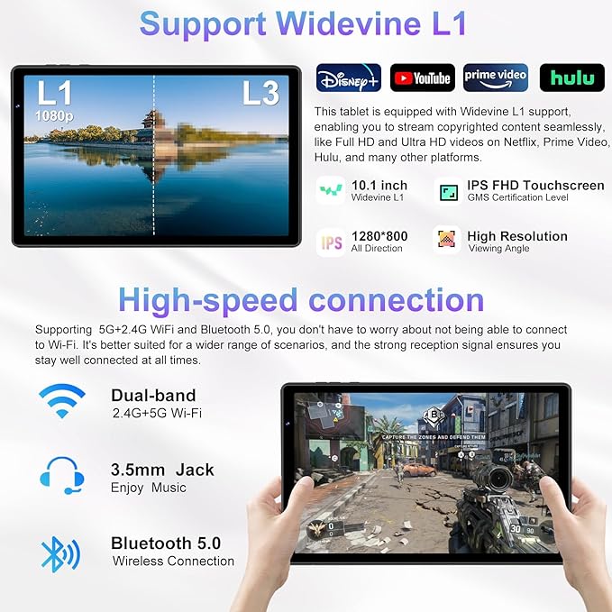 2025 Tablet 10 inch Android 15 Tablets 30GB RAM 128GB ROM 1TB Expand, 8000mAh Octa-Core Tablet with Drop-proof Case, Gemini AI, HD IPS Display, GPS, 5G WIFI, Split-screen, Widevine L1 -Metal Black