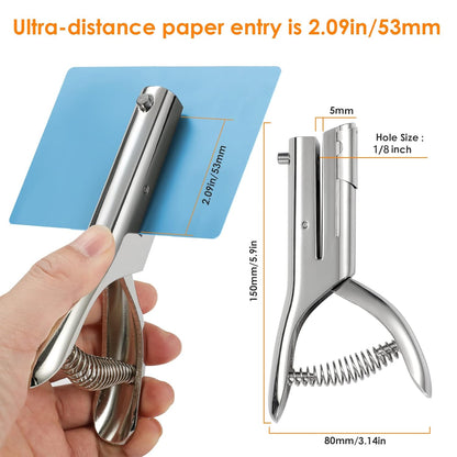Hole Punch 2" Reach 1/8 inch Single Hole Punch,Heavy Duty Hole Puncher Single,Portable Hand Held Long Paper Punch for Paper Cards Plastic Cardboard (Silver) (1/8"-3mm Hole)