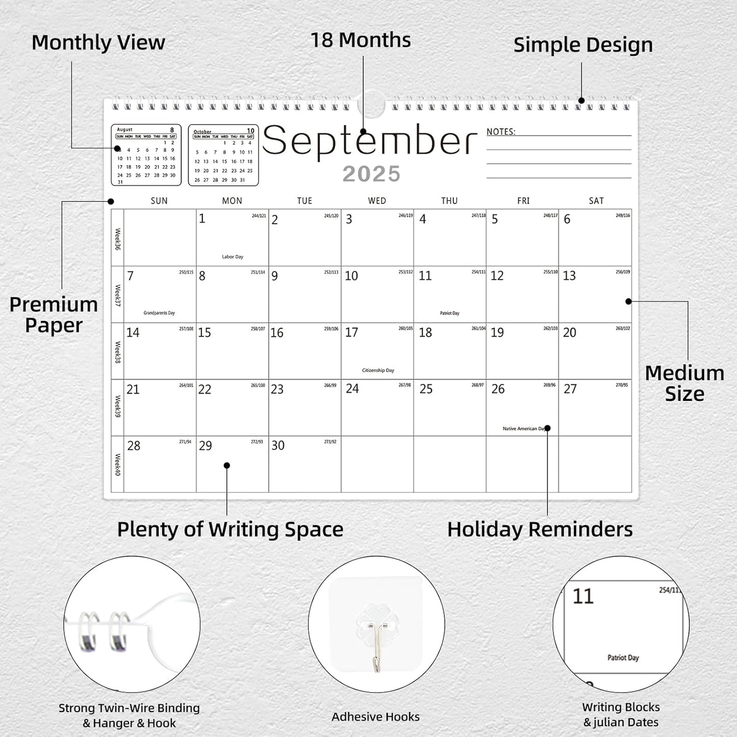 Calendar 2025-2026, Wall Calendar 2025-2026 from July 2025 to December 2026, 14.7"x11.5" 18 Months Wall Hanging Calendar with Thick Paper for Office Home School(White,14.7x11.5 inch)