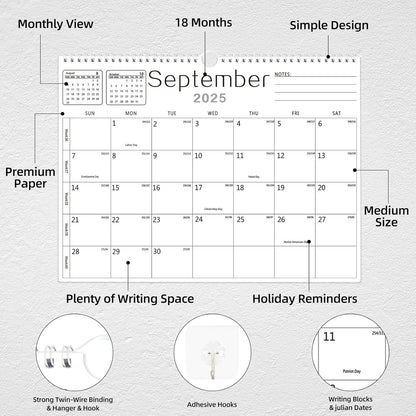 Calendar 2025-2026, Wall Calendar 2025-2026 from July 2025 to December 2026, 14.7"x11.5" 18 Months Wall Hanging Calendar with Thick Paper for Office Home School(White,14.7x11.5 inch)