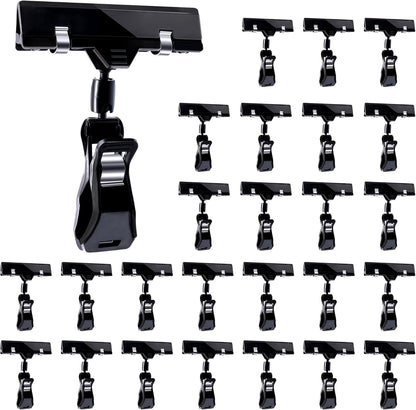 Mlici Sign Clips for Display, 26 Pack Plastic Sign Holder Clips for Retail, Double Sided Swivel Price Label Holder Clips, Rotatable Merchandising Pop Clips for Home Office Retail Store Display, Black