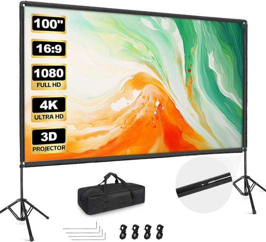 Projector Screen with Stand, 100 inch Portable Projector Screen Stand with Elastic Rope Bar, Outdoor Indoor 16:9 4K HD Wrinkle-Free Front Rear Projection Screen with Carry Bag for Home Theater Party