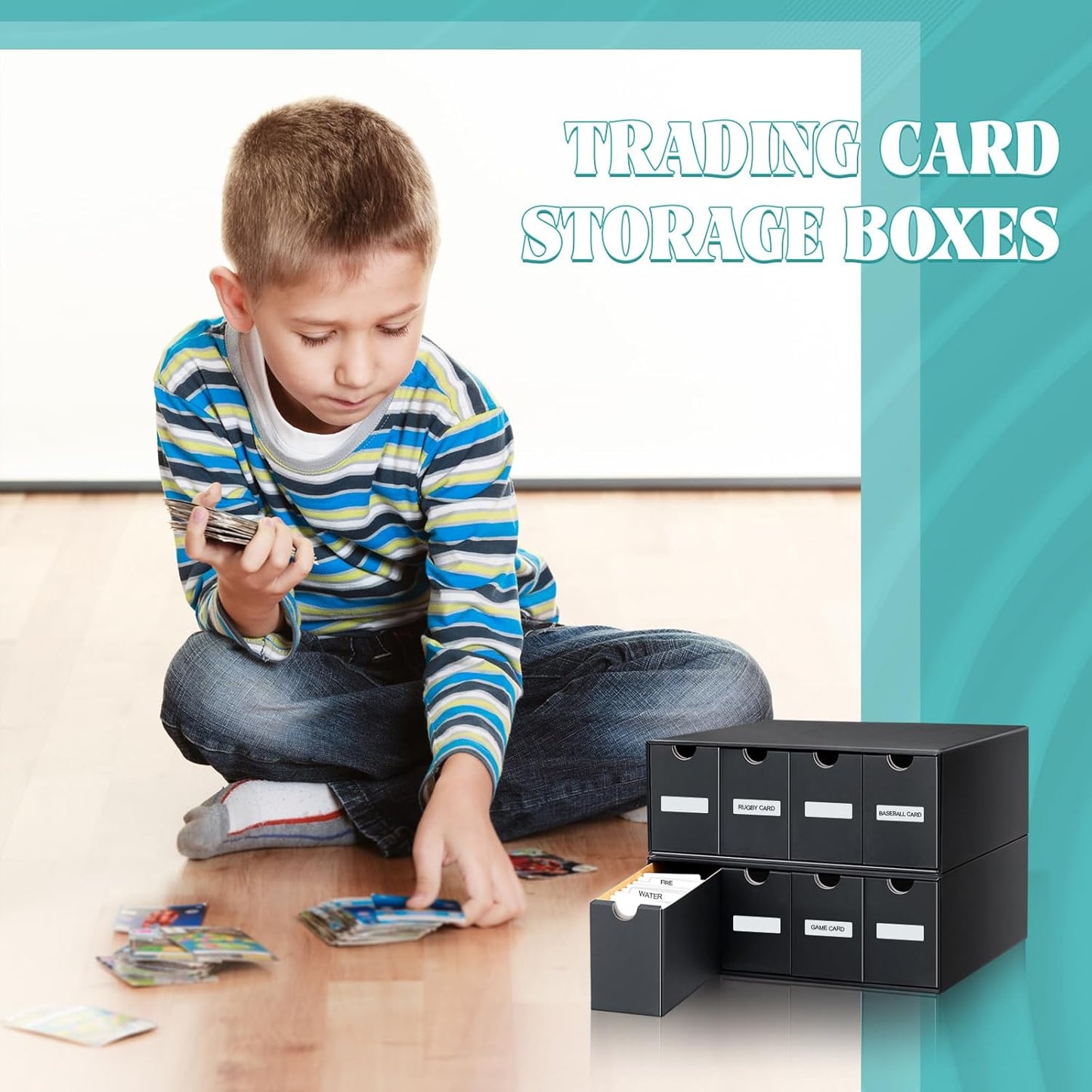 Cholemy Trading Card Storage Box 15000+ with 70 Cardboard Storage Divider, Label Sticker for Collection Compatible with TCG, Sport Cards(2 Row, 4 in A Row,Black)