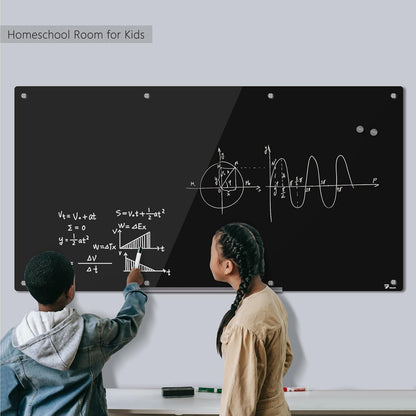 TOWON 8 x 4ft Glass Whiteboard Wall, Black Magnetic White Board Dry Erase 96 x 48 in, Big Glass Dry Erase Board with Multi-Color Markers, Strong Magnets, Pen Tray and Eraser, Frameless