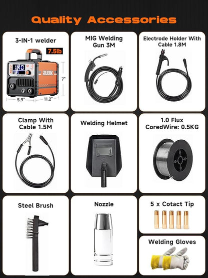 140A Gasless Mig Welder,110V FLUX MIG/ARC/Lift TIG Welding Machine,3 in 1 Mig Welder with Synergy and IGBT Inverter,110V Flux Core Welder with LCD Display
