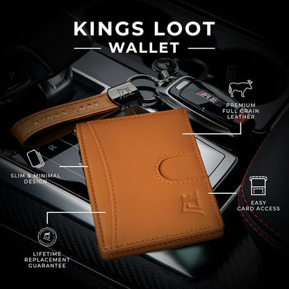 Kings Loot Money Clip Slim Minimalist Wallet for Men – RFID Blocking Leather Design with Money Clip – Front Pocket Bifold Holds 12 Cards – Stylish & Compact Wallets (Cognac/Premium Engraved)