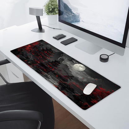 Full Moon Night Gaming Mouse Pad XLBlack Red Mountain Japanese Extended Large Mat Mousepad Desk Pad Non-Slip Rubber Base Stitched Edge Long Keyboard Pad for Computer,31.5×11.8 Inch