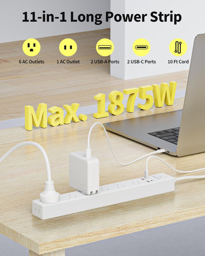 10 Ft Power Strip Surge Protector - 7 Outlets 4 USB Ports (2 USB C), Ultra Thin Flat Extension Cord & Flat Plug, 1700 Joules, Wall Mount, Desk Charging Station for Home Office Dorm, White