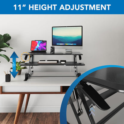 Mount-It! Height Adjustable Standing Desk Converter, 38” Wide, Stand Up Desk Riser for 2 Monitors, Manual Gas Spring Desktop Raises to 16.9", Fits Two Monitor Screens with Keyboard Mouse Tray in Black