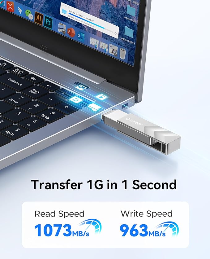 ORICO 512GB Portable Solid State Drive, 1050MB/s Dual-Port Rotating Metal External SSD with 90° Click-Stop, Reliable Storage for iPhone 16, 17 Series, Type-C Smartphone, Mac, Audio, Vehicle - A101