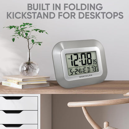 Westclox Large Digital Wall Clock Battery Operated Large Digital Clock with Temperature Date and Day of Week with Alarm | Modern Digital Desk Clock for Office Kitchen Bedroom or Living Room | Silver