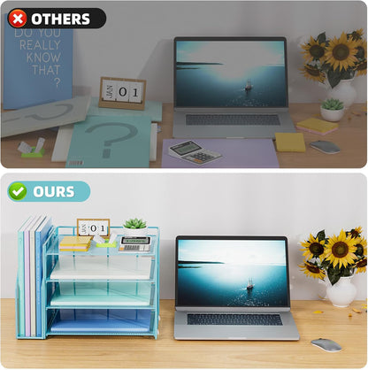 Marbrasse Desk Organizer and Accessories，4-Tier Paper Letter Tray Organizer with File Holder，Desk Accessories & Workspace Desktop Organizers for School Home Office Supplies (Blue)