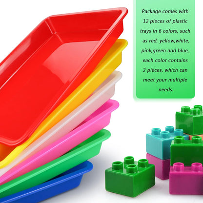 Bercoor 12 Pack Plastic Art Trays, 6 Colors Activity Crafts Tray Serving Tray Organizer Tray for Kids School Classroom DIY Projects, Painting, Jewelry, Beads, Home Organizing Supply
