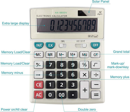 Large Computer Electronic Calculator Counter Solar & Battery Power 12 Digit Display Multi-Functional Big Button for Business Office School Calculating (HY-9800v)