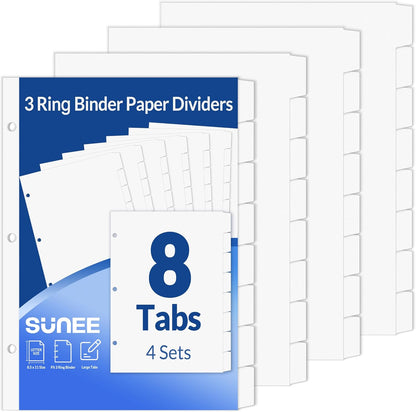 SUNEE Binder Dividers with Tabs for 3 Ring Binder, 8.5 x 11 Paper White Binder Dividers Blank with 8 Tabs, 4 Sets Page Dividers for School, Office and Home, 32 Dividers