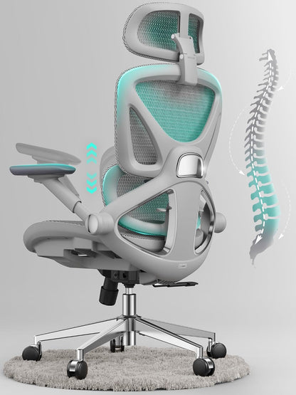 CAPOT Ergonomic Mesh Office Chair, Adjustable Lumbar High Back Desk Chair 400lbs, 4D Flip-up Arms, 3 Tilt Backrest, 3D Headrest, PU Wheels, Swivel Rolling Computer Seating for Long Desk Work - Grey