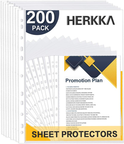Sheet Protectors, HERKKA 200 Pack Upgrade Clear Plastic Page Protectors Sheet Reinforced 11-Hole Fit for 3 Ring Binder Fits Standard 8.5 x 11 Paper, 9.25 x 11.25 Top Loaded, Acid Free