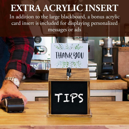 MyGift Rustic Burnt Wood Wall Mountable Fundraising Donation Suggestion Box / Comment Ballot Box with Lock and Key, Clear Acrylic Sign Holder and Chalkboard Surface