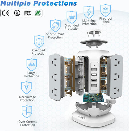 Power Strip Tower with USB Ports-AiJoy Surge Protector with 12 AC Outlet and 4 USB Ports, 10 Feet Extension Cord, USB Charging Station with Overload Protection, Office Desk Supplies, Dorm Essentials