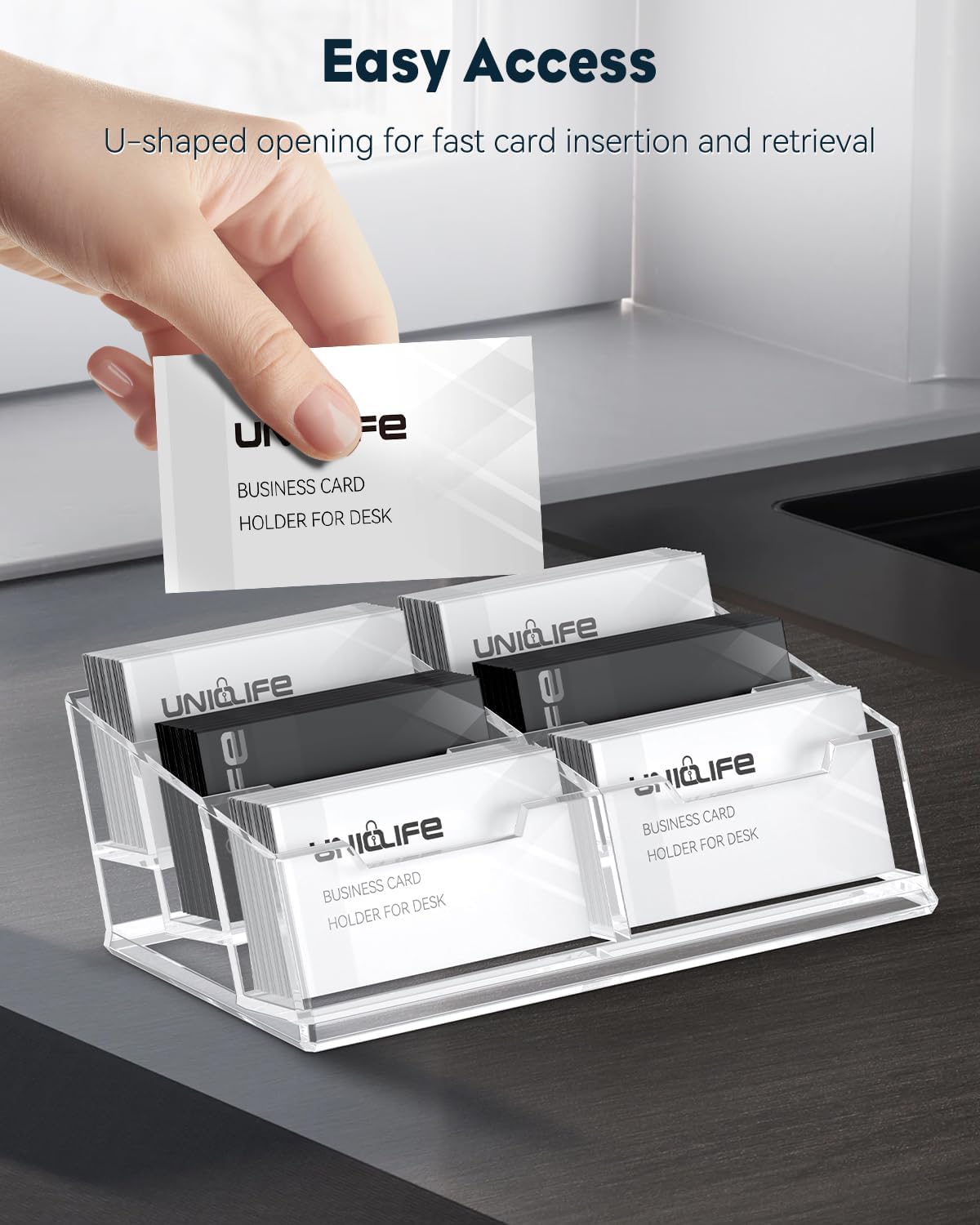 Uniclife Acrylic Business Card Holder for Desk 6 Slots Clear Business Card Display Stand for Men & Women Desktop Business Card Organizer Card Stand for Office Home Exhibition, 360 Card Capacity