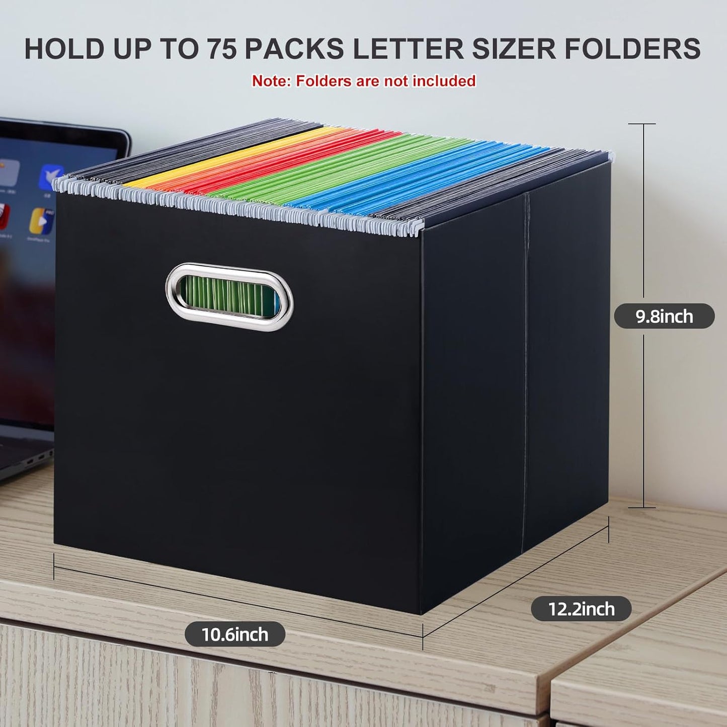 Oterri File Organizer, 2 Packs Large Storage Box, Cardboard File Folder Organizer, Collapsible File Box for Hanging File Folders Letter Size, Portable Filing Organizer with Handle (Black)