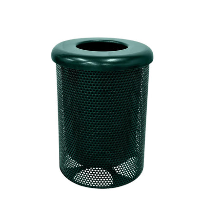 Coated Outdoor Furniture 32-Gallon Heavy-Duty Punched Steel Round Trash Receptacle, Commercial Outdoor Waste Bin with Liner & Black Flat Top Lid – Made in America (Textured Dark Green)