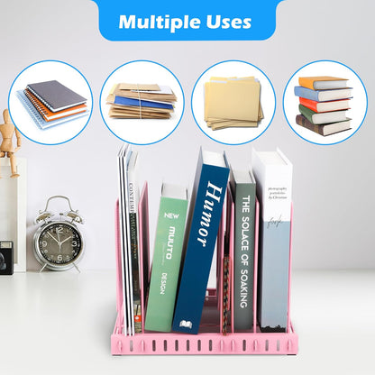 EASEPRES 5 Section Vertical Metal Mesh Desk File Organizer, Spacing Adjustable Upright Desktop Paper Mail Document Magazine Sorter Folder Holder for Workspace Office School Home, Pink