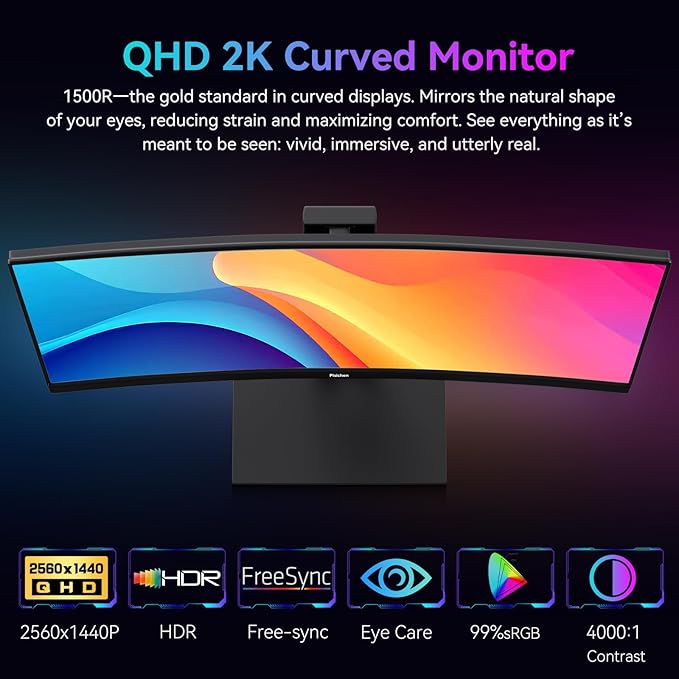 Curved 27 Inch Touchscreen Monitor, QHD 2K 2560x1440 85Hz Computer Monitor, 99% sRGB, Built-in Adaptive Sync, with Display Port HDMI, Eye Care, VESA