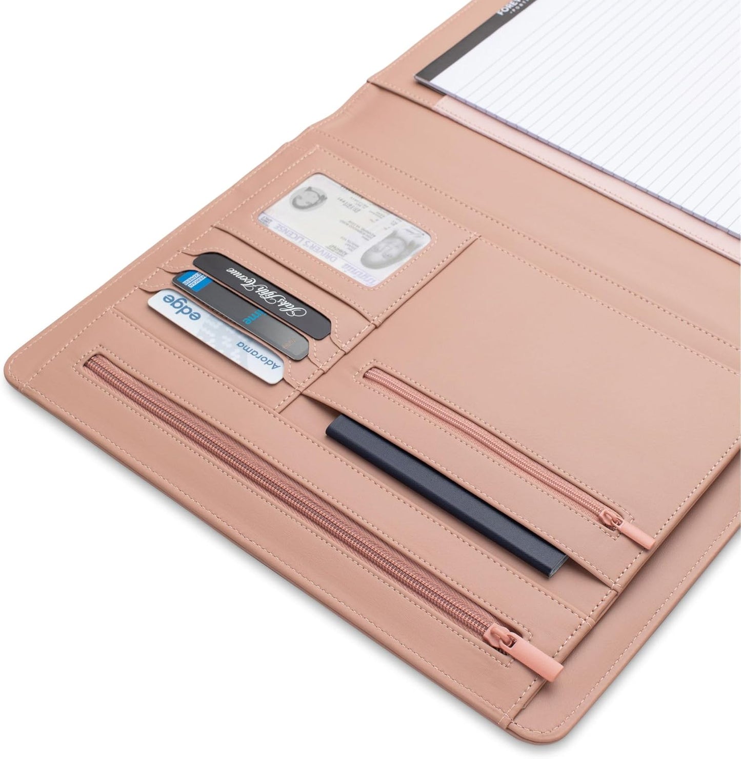 Padfolio Binder Organizer for Women | Faux Leather Portfolio Folder for Resume, Documents, Notebook, Tablet and Business Cards | Notepad Included - Pink