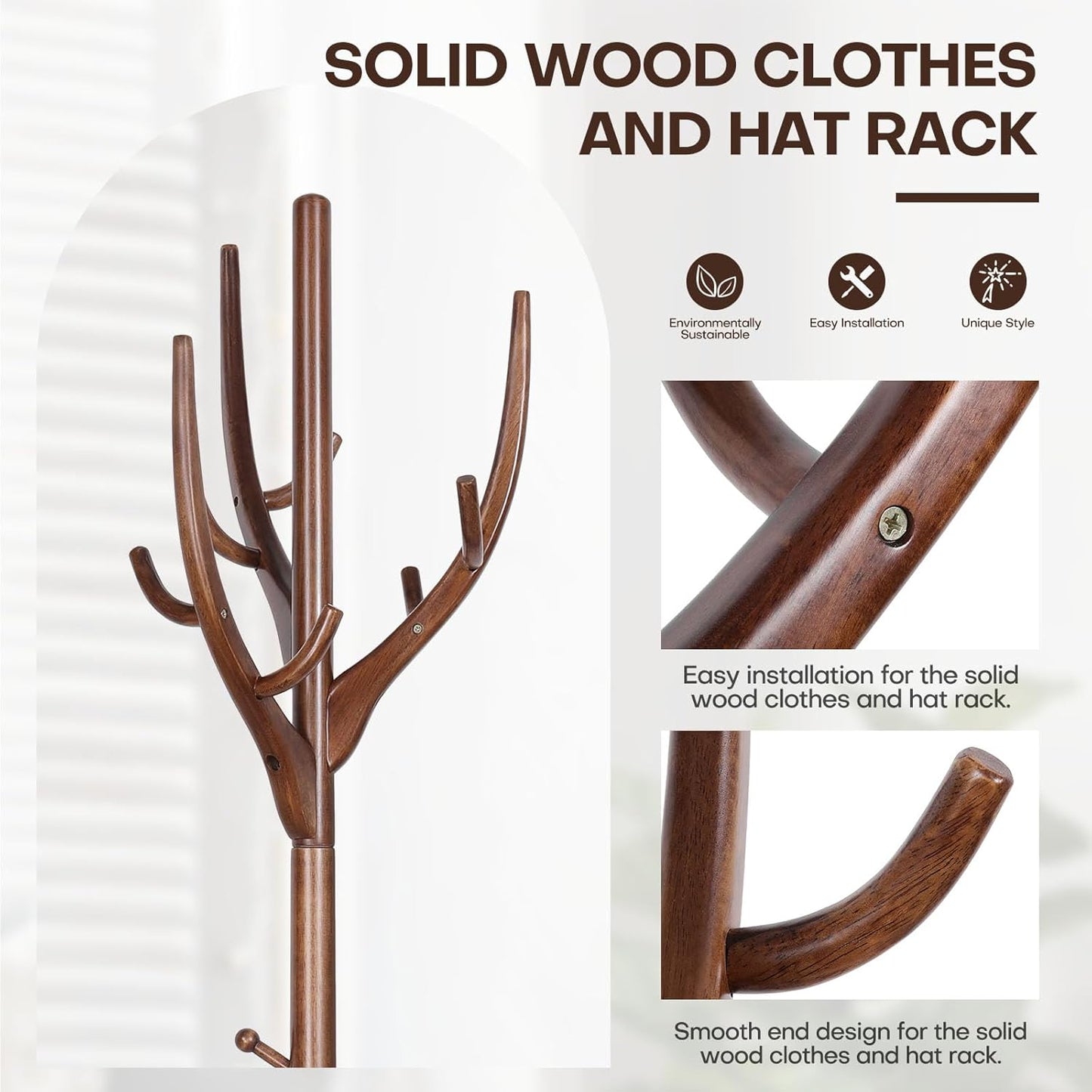 Wood Coat Rack, Coat Tree Freestanding Wooden Coat Rack Stand with 12 Hooks, Heavy Duty Hall Tree Coat Hat Stand with Sturdy Base, Free Standing Coat Racks for Entryway, Bedroom, Brown